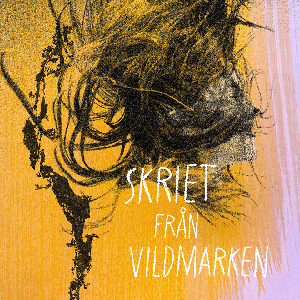 En gul och orange illustration med en pojke som slänger sitt långa hår i luften och texten Skriet från vildmarken.