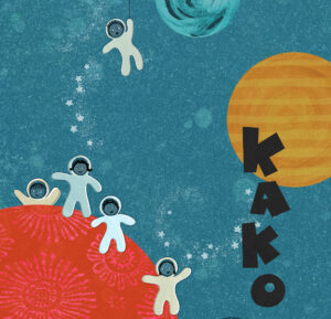En illustration av små barn som svävar i rymden. En gul måne och en röd planet. Ordet Kako.