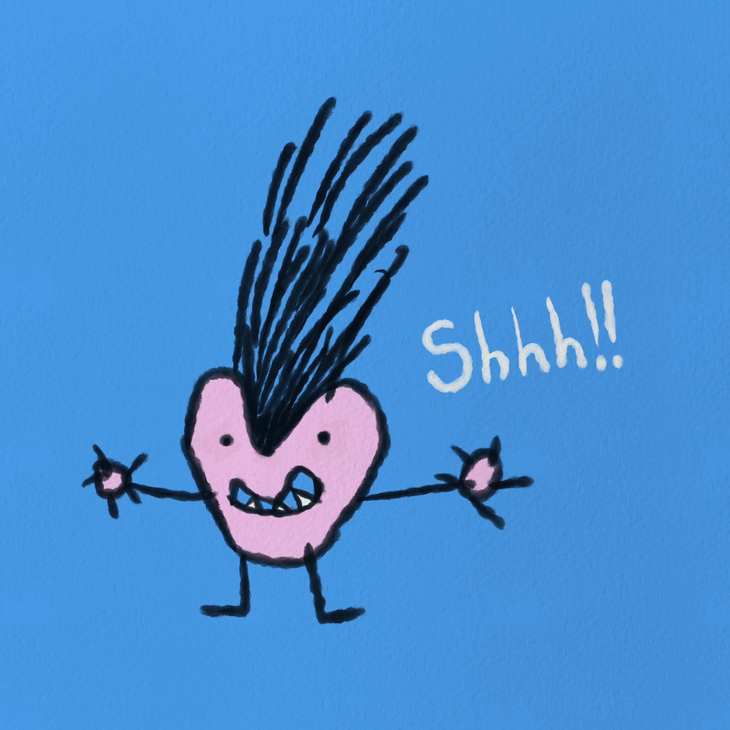 En figur som ser ut som ett rosa hjärta mot en blå bakgrund. Ordet Shhh!!